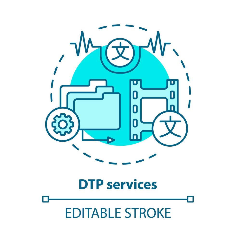 icône de concept bleu de services dtp. illustration de fine ligne d'idée de services de publication assistée par ordinateur. l'édition de copie, la traduction de contenu et la mise en forme de texte. dessin de contour isolé de vecteur. trait modifiable vecteur