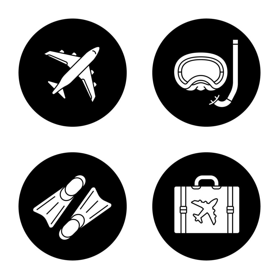 jeu d'icônes de glyphe de vacances d'été. vol en avion, aqualung, palmes, valise. illustrations vectorielles de silhouettes blanches dans des cercles noirs vecteur
