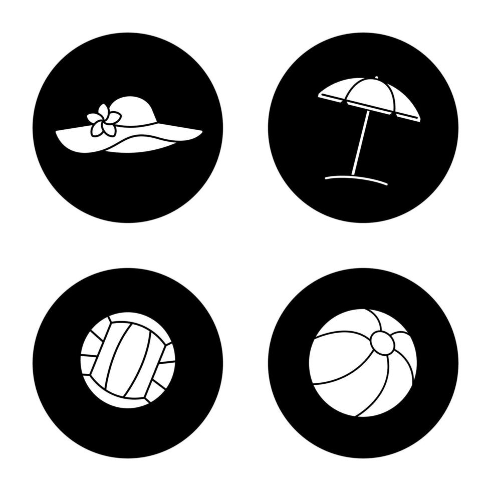 ensemble d'icônes de repos de plage. ballons de volley-ball et de plage, parapluie, chapeau de femme. illustrations vectorielles de silhouettes blanches dans des cercles noirs vecteur