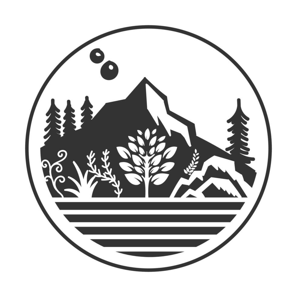 circulaire Montagne forêt des arbres et rivière Lac avec jardin badge illustration vecteur