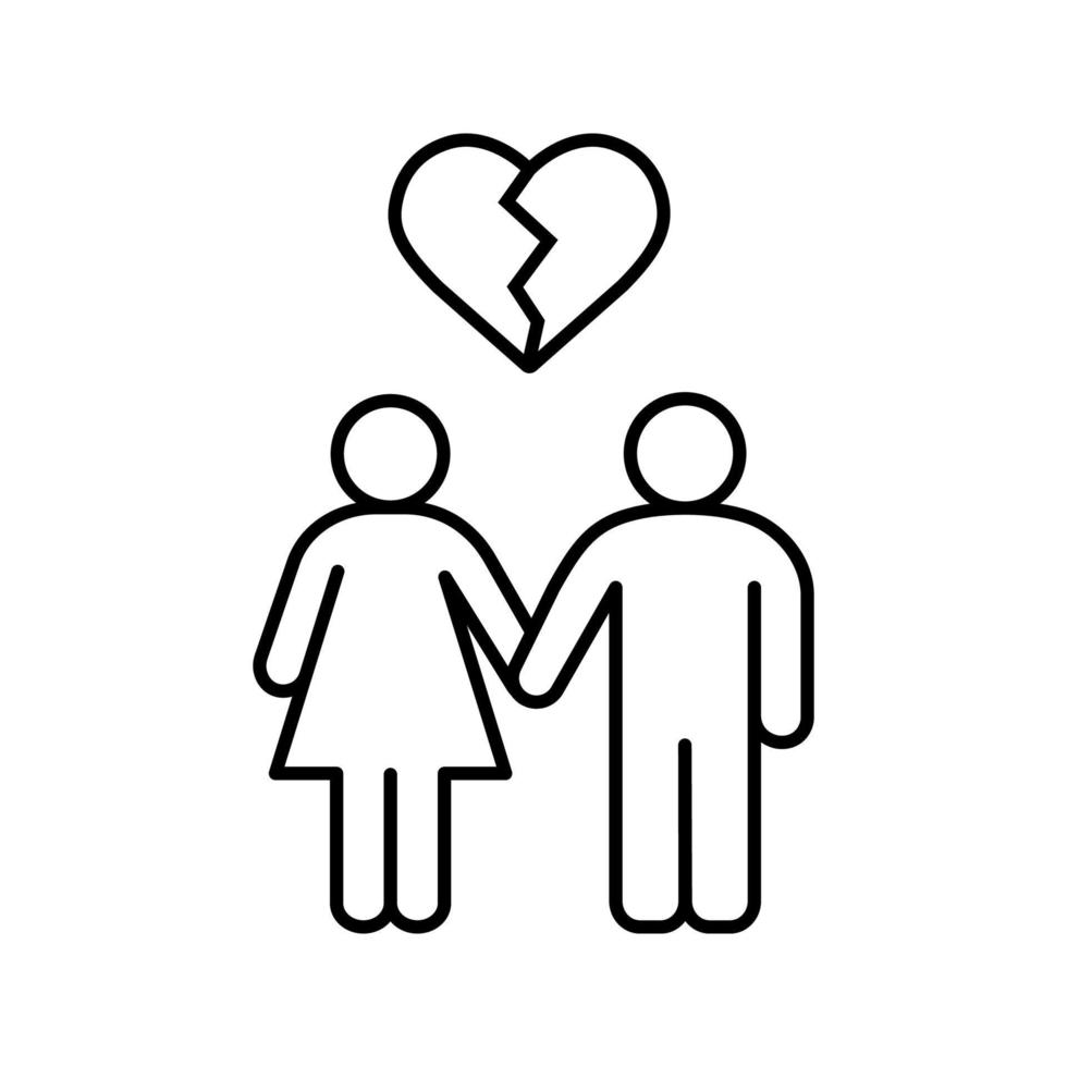 icône linéaire de rupture amoureux. illustration de ligne mince de couple divorcé. homme et femme avec forme de coeur brisé ci-dessus. symbole de contour. dessin de contour isolé de vecteur
