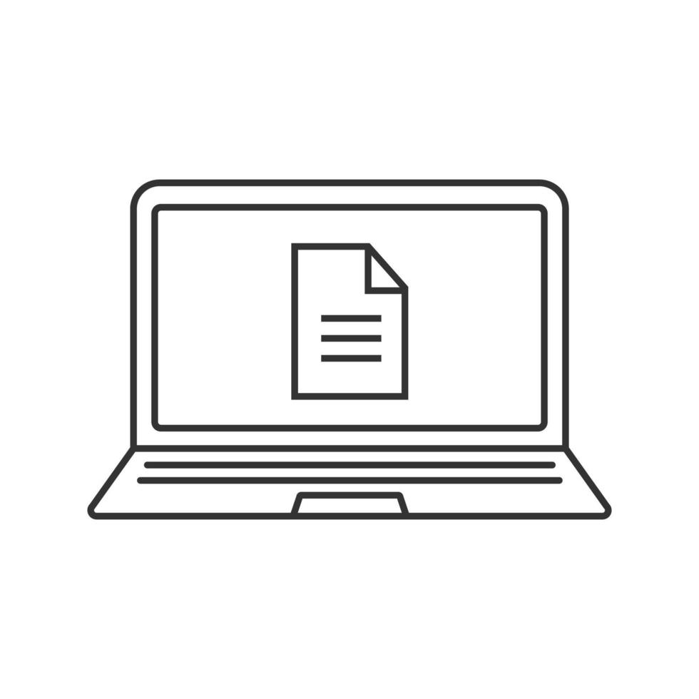 icône linéaire de document d'ordinateur portable. illustration de la ligne mince. cahier avec symbole de contour de fichier texte. dessin de contour isolé de vecteur