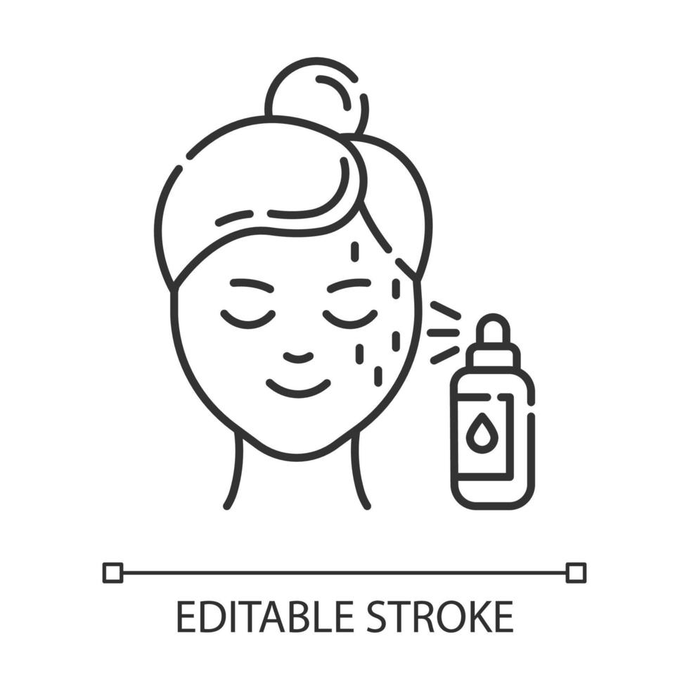 icône linéaire de l'eau de beauté. procédure de soins de la peau. soins de beauté du visage. produit en spray pour un effet hydratant. illustration de la ligne mince. symbole de contour. dessin de contour isolé de vecteur. trait modifiable vecteur