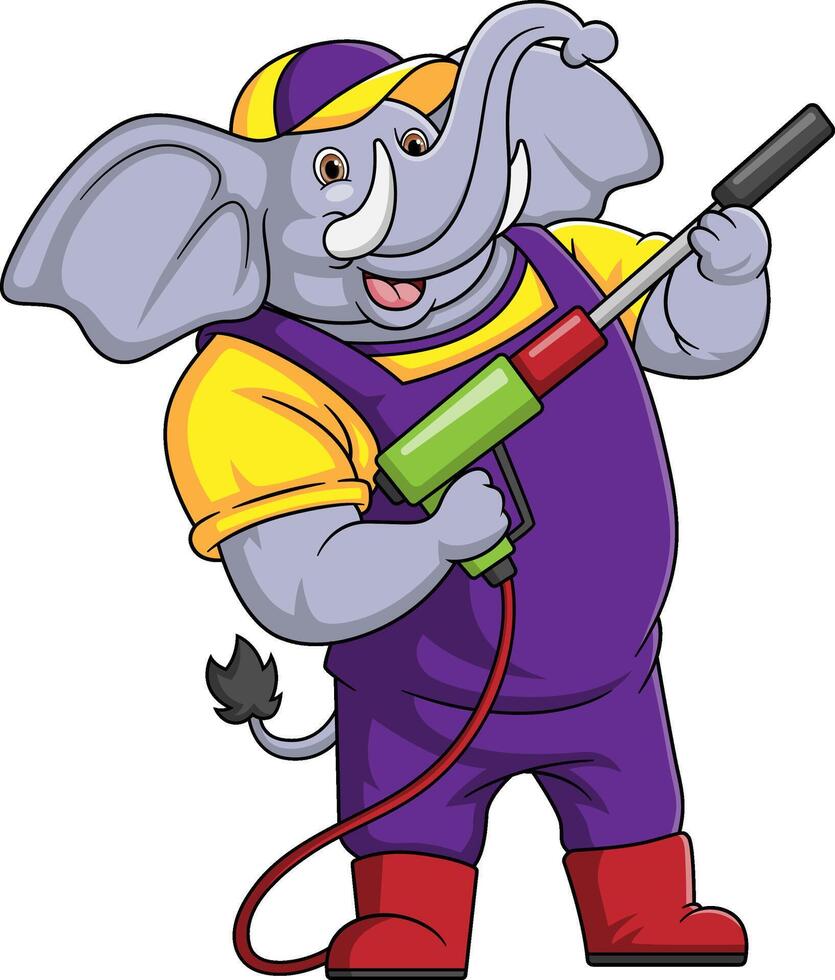 une l'éléphant dessin animé mascotte pour voiture laver en portant une haute pression machine à laver pistolet jet vaporisateur vecteur