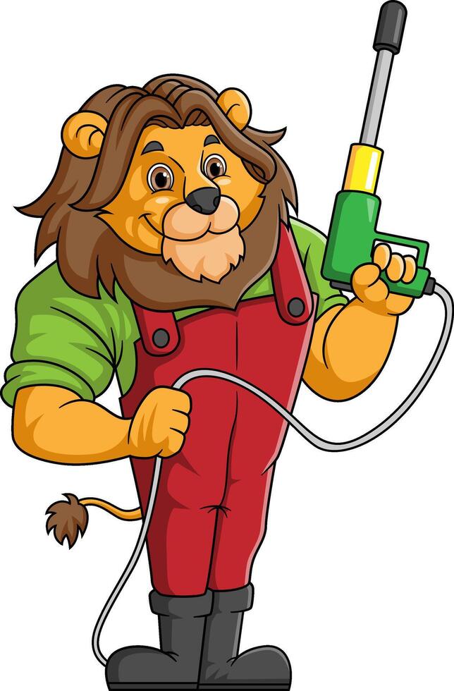 une Lion dessin animé mascotte pour voiture laver en portant une haute pression machine à laver pistolet jet vaporisateur vecteur