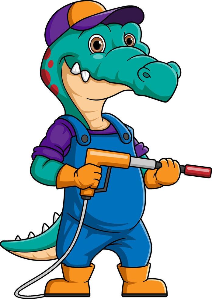 une crocodile dessin animé mascotte pour voiture laver en portant une haute pression machine à laver pistolet jet vaporisateur vecteur