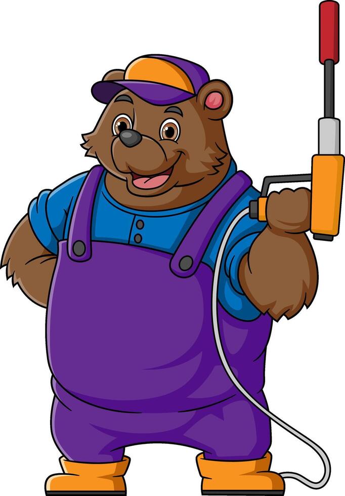 une ours dessin animé mascotte pour voiture laver en portant une haute pression machine à laver pistolet jet vaporisateur vecteur