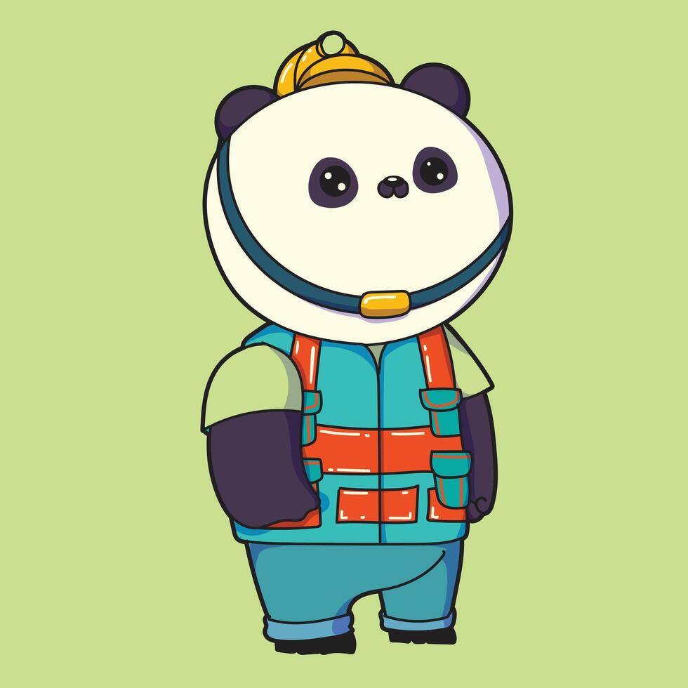 pandas porter plein sécurité costume pour construction ou exploitation minière domaines. casque, gilet cette pouvez lumière en haut. vecteur