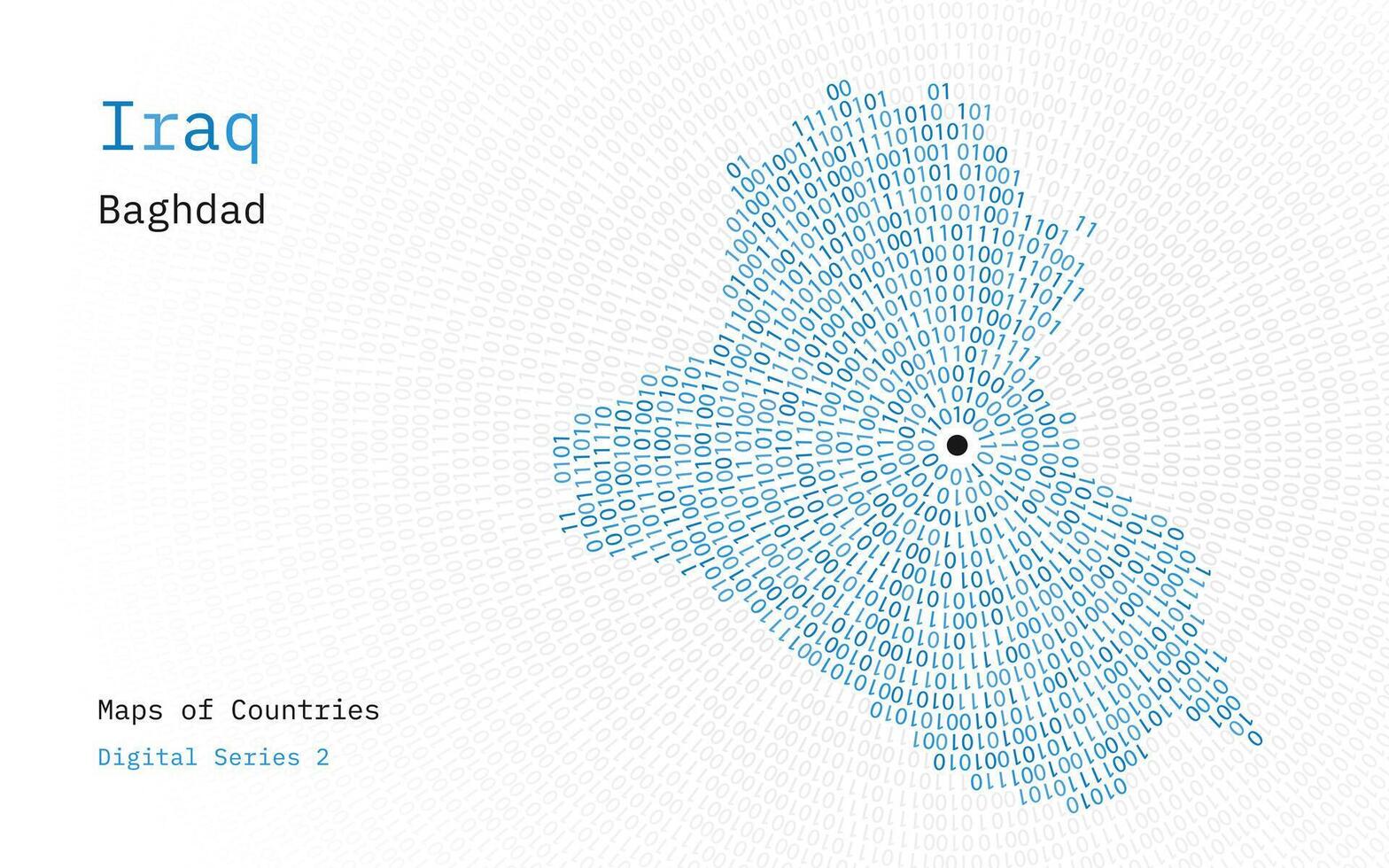 une carte de Irak représenté dans zéros et ceux dans le forme de une cercle. le capital, bagdad, est montré dans le centre de le cercle vecteur