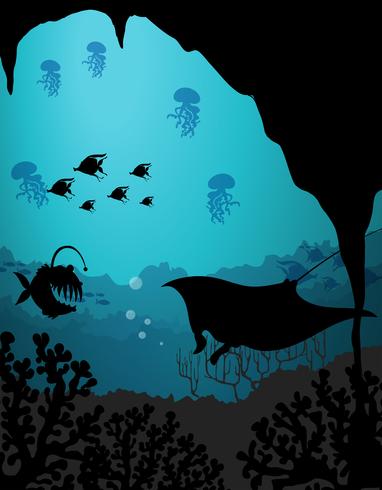 Scène de silhouette avec des créatures de la mer sous l&#39;eau vecteur