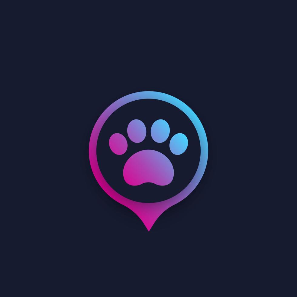 patte et marque d'emplacement, logo vectoriel de l'application pour animaux de compagnie