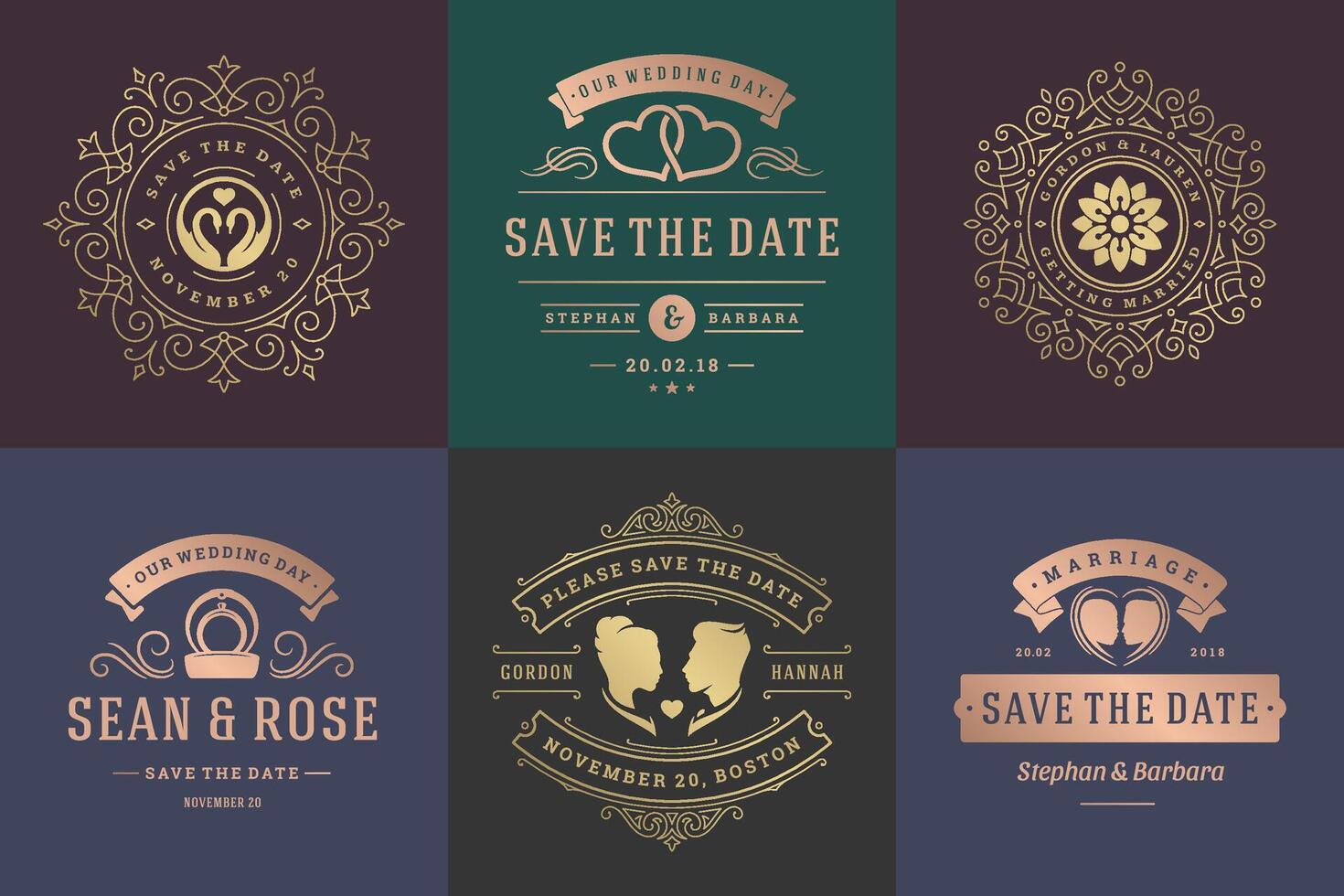 mariage invitations enregistrer le Date logos et badges élégant modèles ensemble vecteur