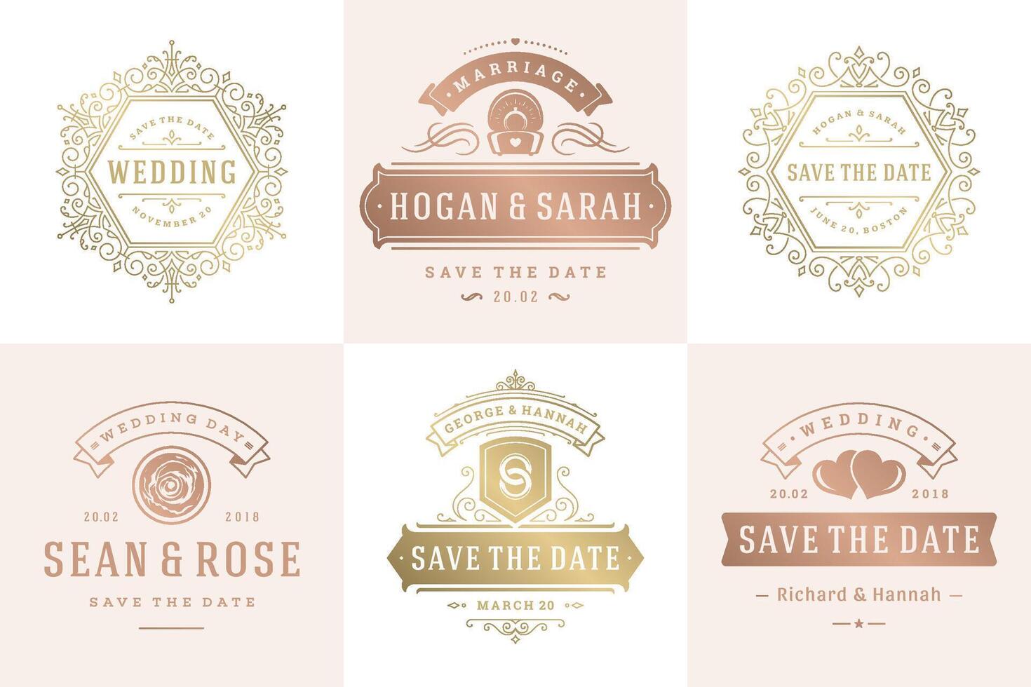 mariage invitations enregistrer le Date logos et badges élégant modèles ensemble vecteur