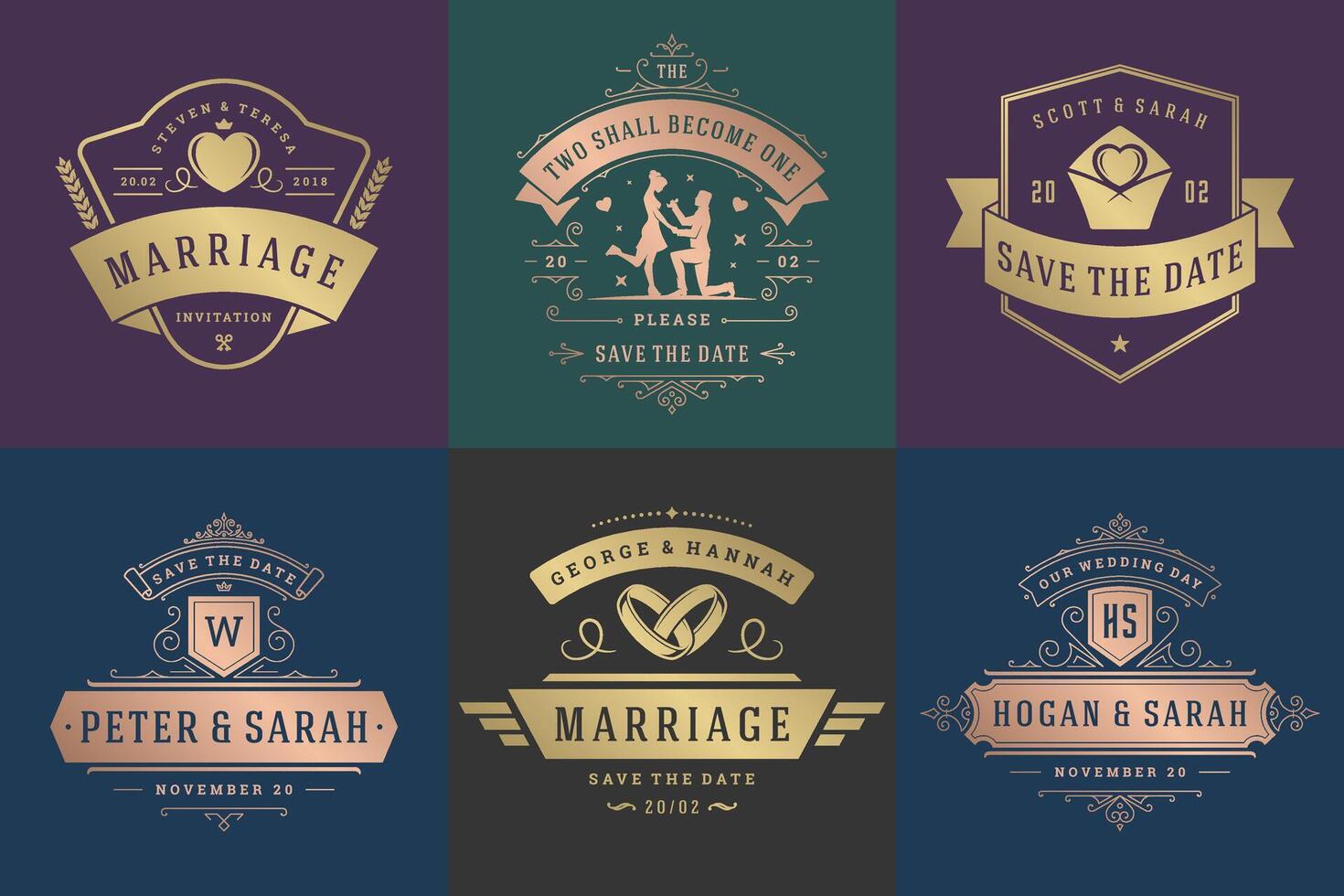 mariage invitations enregistrer le Date logos et badges élégant modèles ensemble vecteur