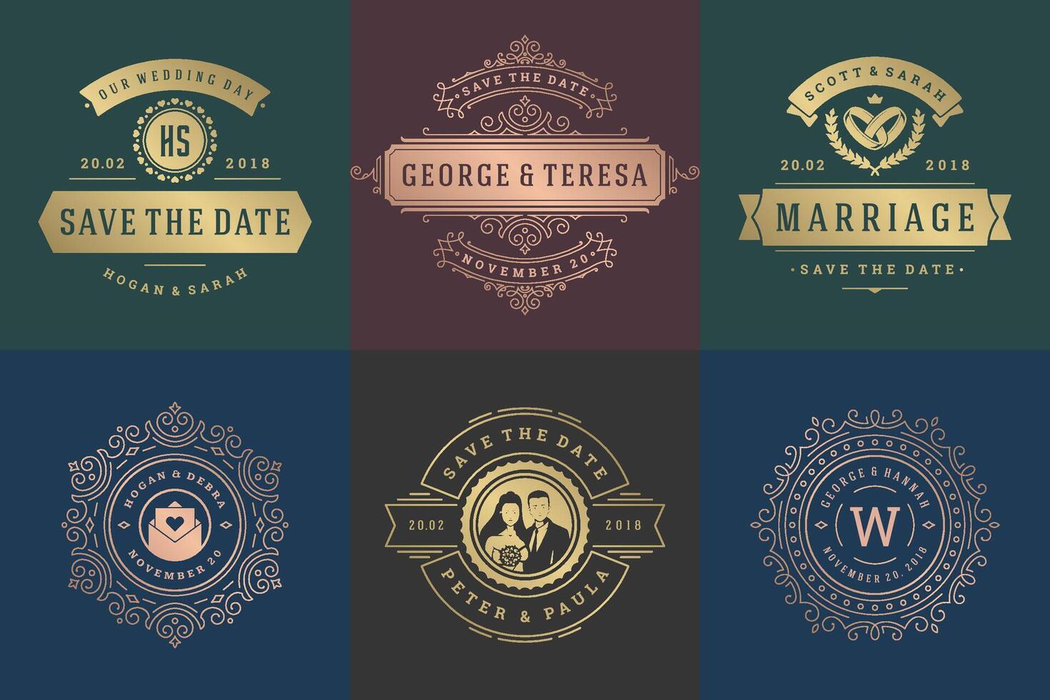 mariage invitations enregistrer le Date logos et badges élégant modèles ensemble vecteur