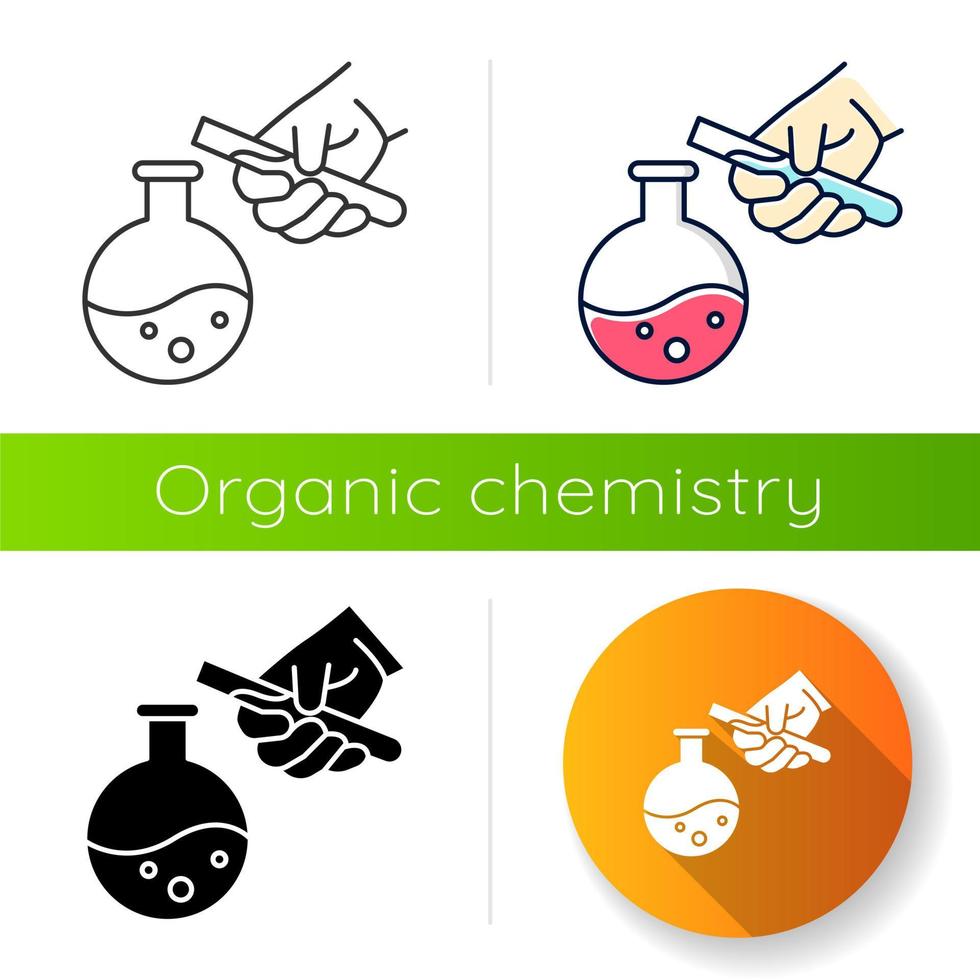 flacon de liquide et icône de tube à essai. chimie organique. mener une expérience en laboratoire. mélanger, ajouter des produits chimiques. design plat, styles linéaires, noirs et couleurs. illustrations vectorielles isoléesf vecteur