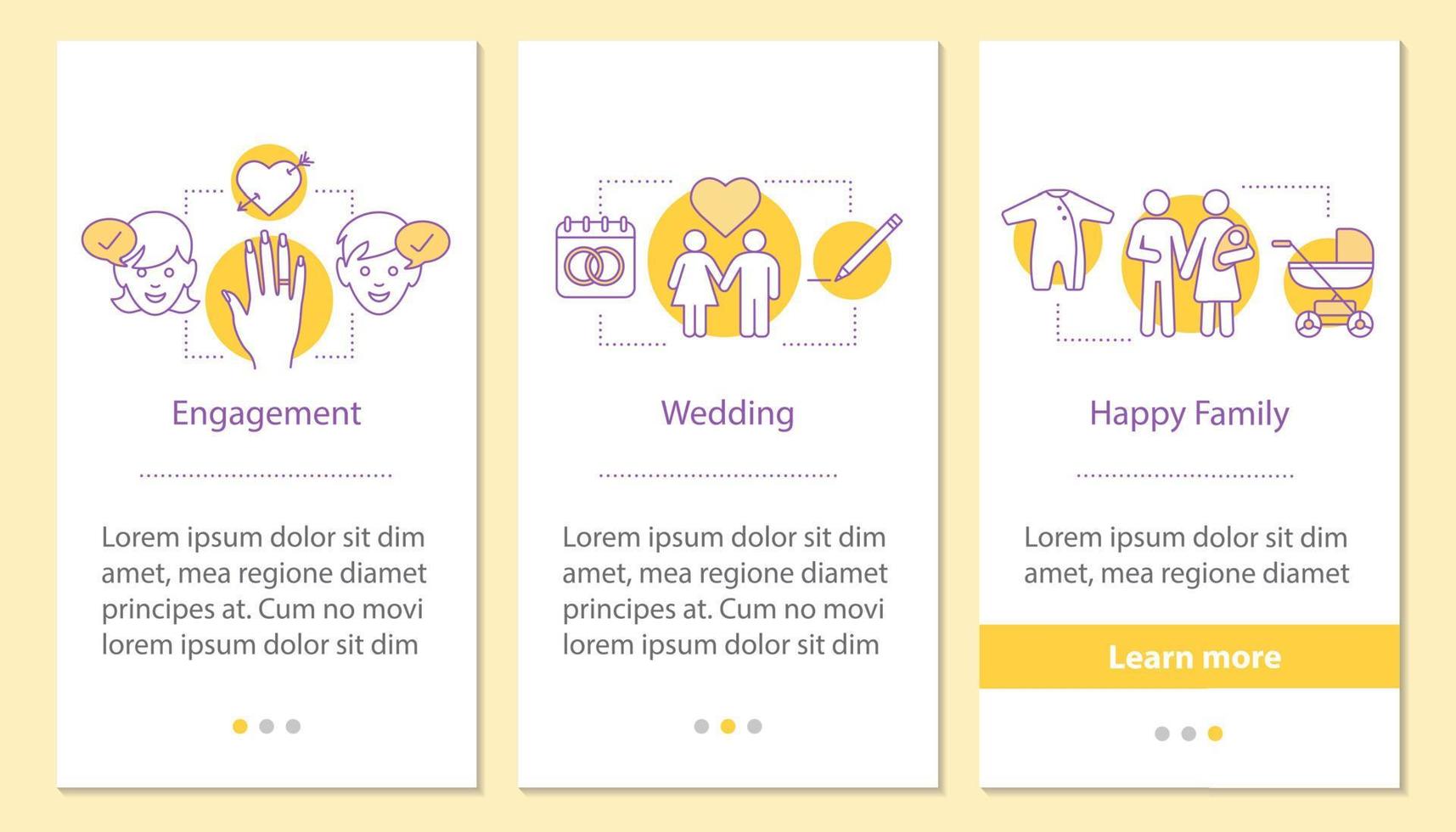 Écran de page d'application mobile d'intégration du cycle de vie de la famille avec des concepts linéaires. fiançailles, mariage, étapes de la famille heureuse instructions graphiques. modèle vectoriel ux, ui, gui avec illustrations