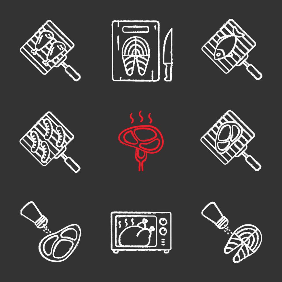 Ensemble d'icônes de craie pour la préparation des aliments. barbecue. griller, saler, couper, cuire du poisson au four à micro-ondes, de la viande et des saucisses. illustrations de tableau de vecteur isolé