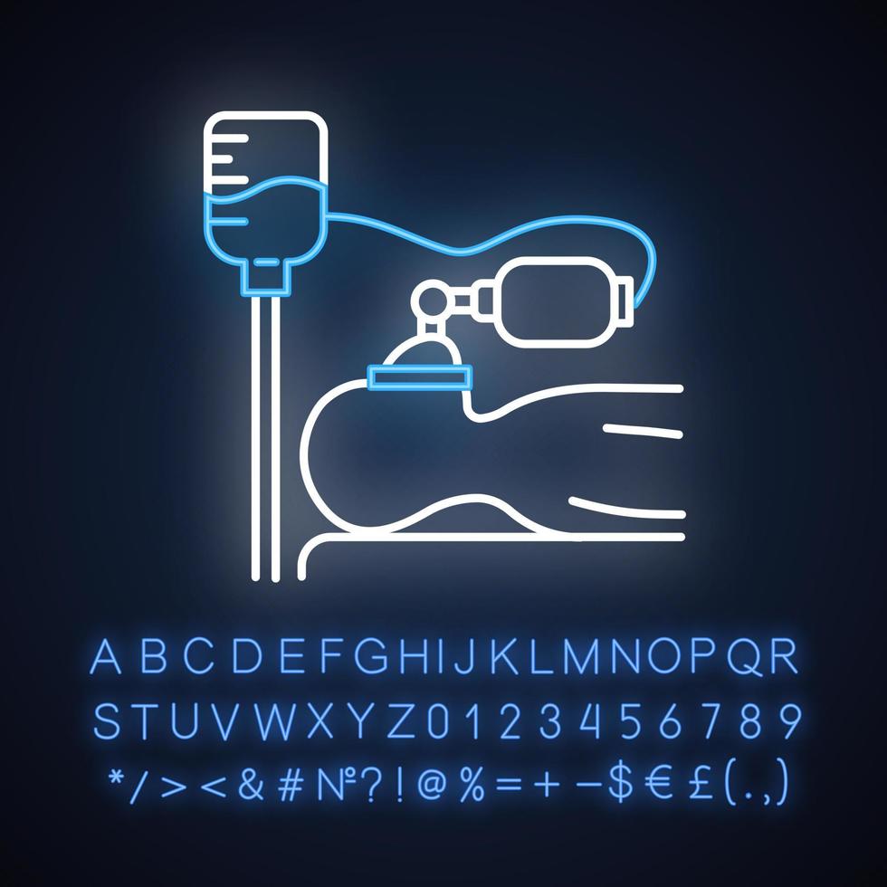 icône de néon d'anesthésie. procédure médicale. stade d'apnée. induction liquide. patient inconscient sur le lit. compte-gouttes. signe lumineux avec alphabet, chiffres et symboles. illustration vectorielle isolée vecteur