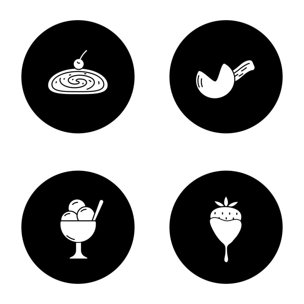 Ensemble d'icônes de glyphe de condimention. menu du café. strudel aux cerises, biscuit de fortune, bol de crème glacée, fraise au chocolat. illustrations vectorielles de silhouettes blanches dans des cercles noirs vecteur