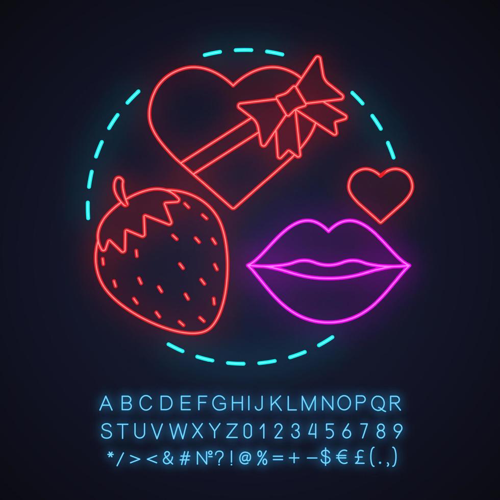 icône de concept de néon de sex-shop. idée de passion. relations intimes romantiques. bonbons au chocolat, baiser, fraise. signe lumineux avec alphabet, chiffres et symboles. illustration vectorielle isolée vecteur