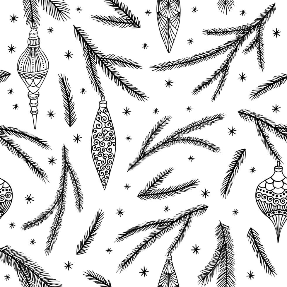 modèle sans couture de noël avec des décorations d'arbre de noël, des branches de pin illustration vectorielle de conception d'art dessiné à la main. vecteur