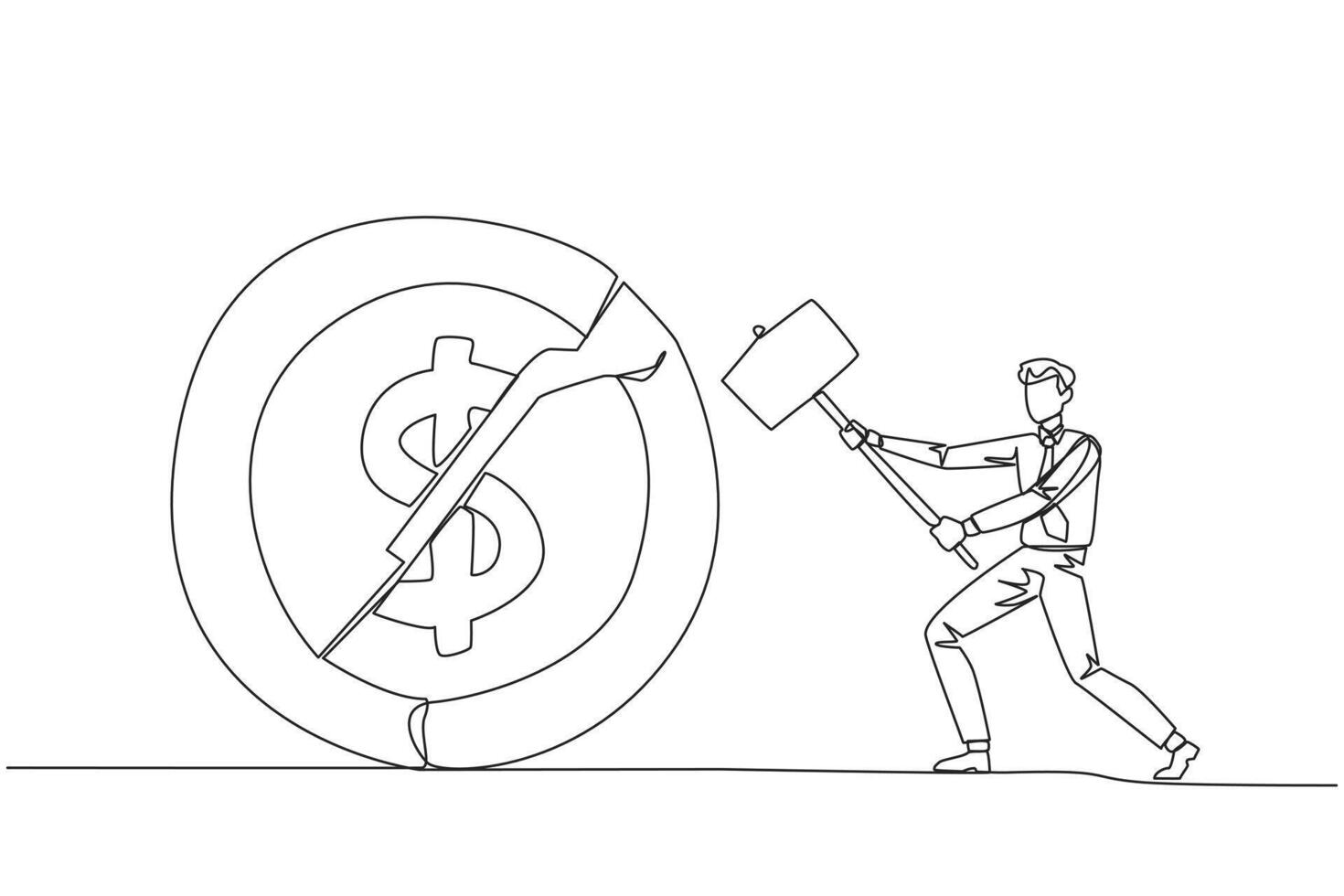 Célibataire continu ligne dessin homme d'affaire en train de préparer à frappé une grand pièce de monnaie avec une dollar symbole. échoué à avoir Nouveau investisseurs. échoué à avoir revenu. exprimer colère. un ligne conception illustration vecteur