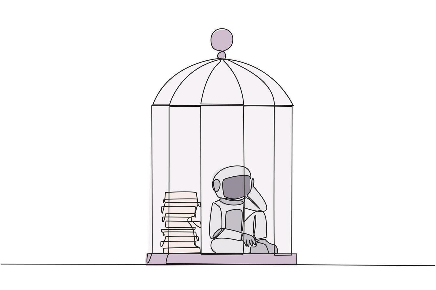 continu un ligne dessin astronaute piégé dans le cage séance vers le bas frustré. stress avec empiler en haut inachevé travail jusqu'à ce que proche à date limite. épuisé. Célibataire ligne dessiner conception illustration vecteur