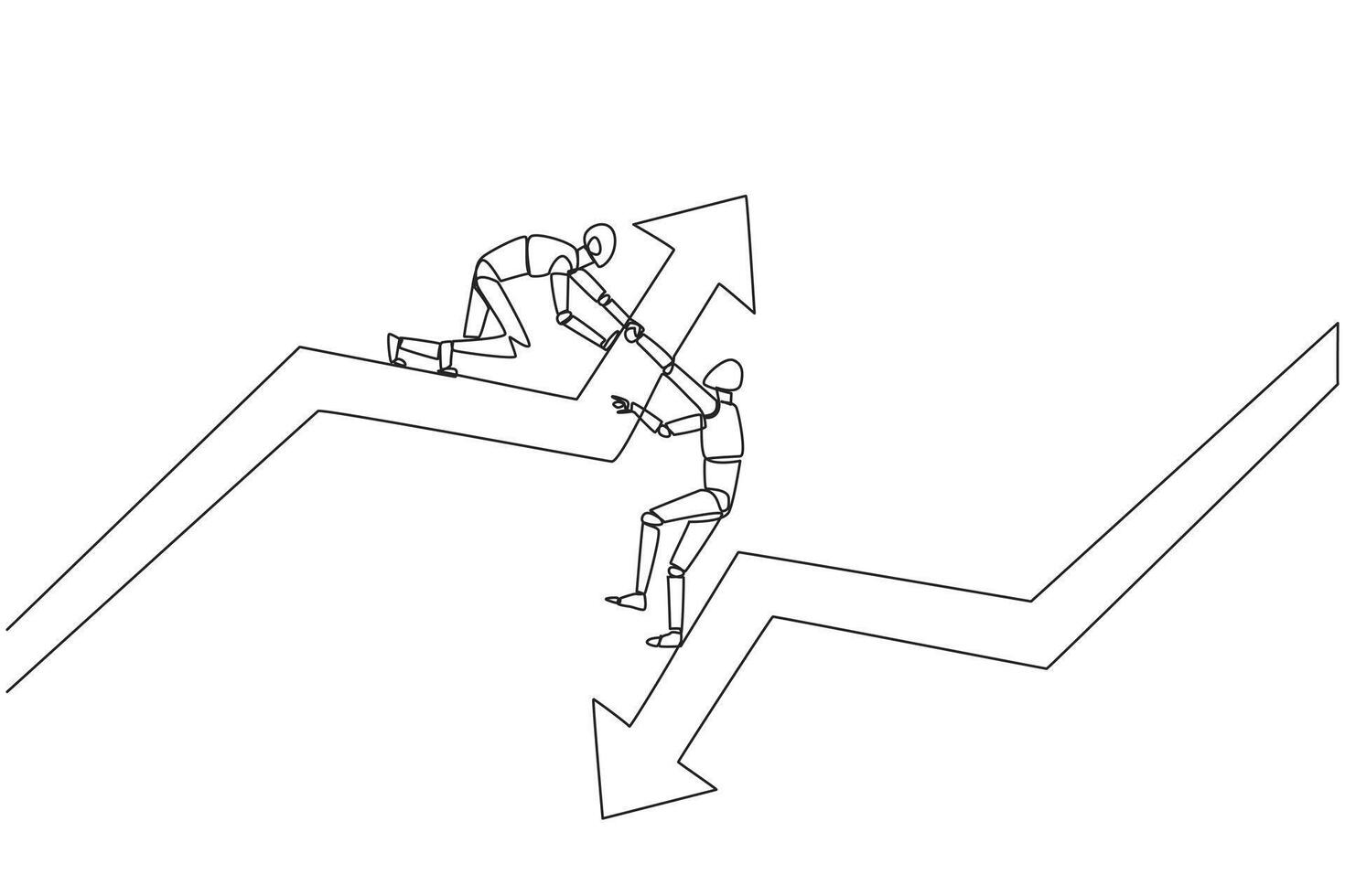 Célibataire continu ligne dessin intelligent robot aide collègue montée La Flèche symbole. travail en équipe à élever mieux niveau ensemble. meilleur partenaire jamais. maintenir cohésion. un ligne conception illustration vecteur