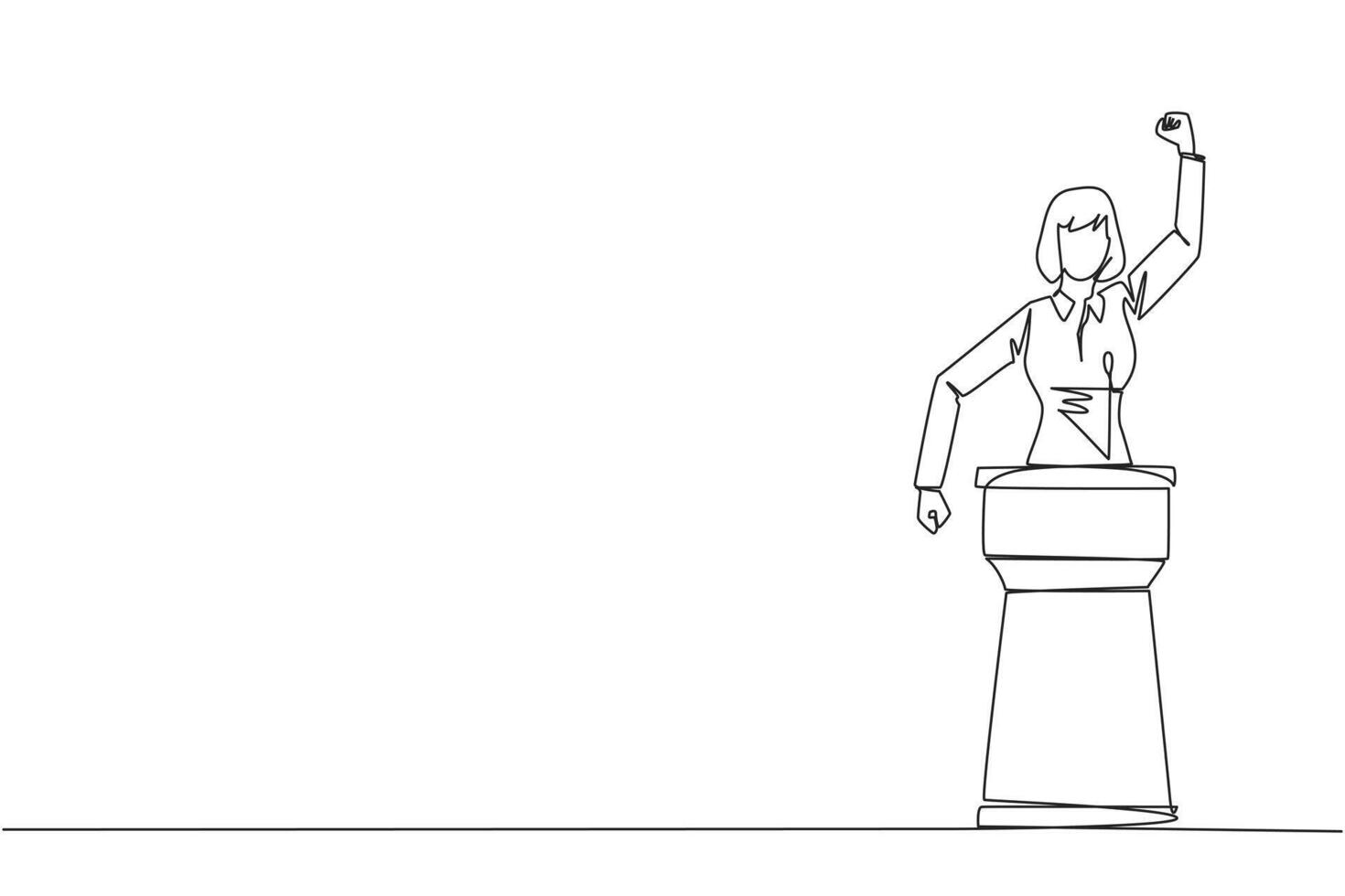 Célibataire continu ligne dessin Jeune femme d'affaires parler à le podium par serrant les poings à tête hauteur. Faire discours solennel. direction concept. brûlant le esprit. un ligne conception illustration vecteur