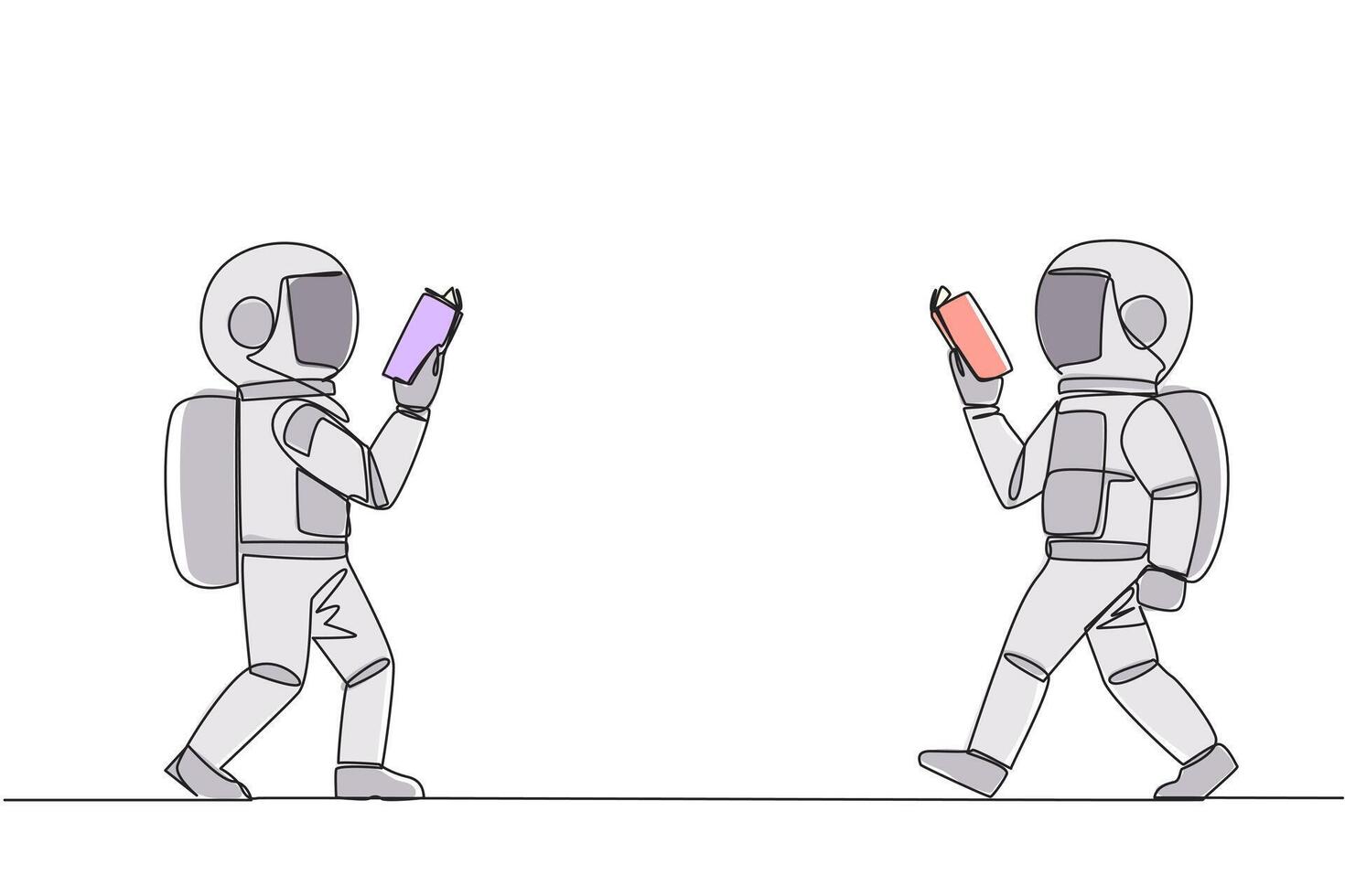 Célibataire continu ligne dessin deux astronautes en marchant visage à visage en train de lire livres. geste de mémorisation quelque chose de une livre. intoxiqué à en lisant. livre festival. un ligne conception illustration vecteur