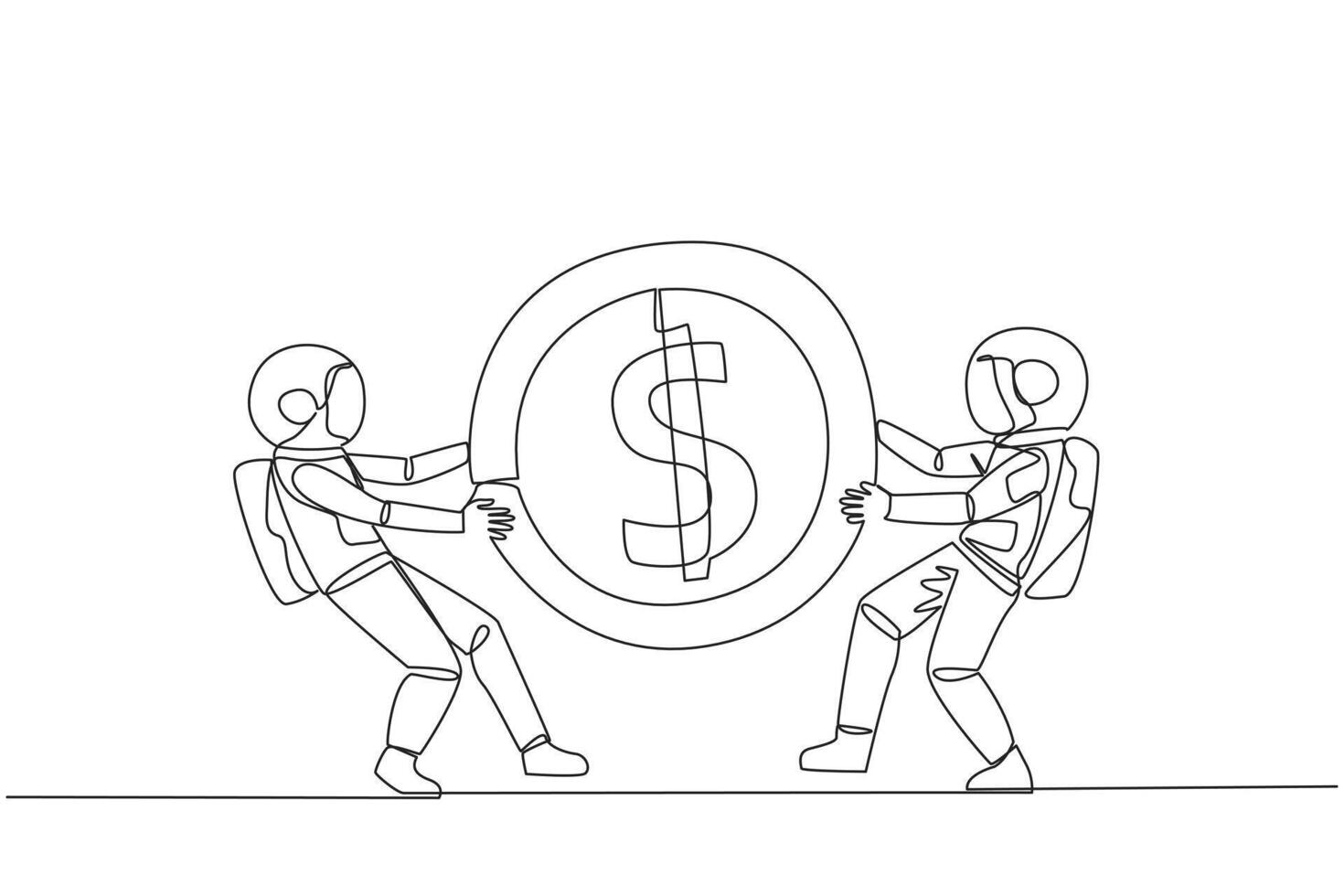 Célibataire un ligne dessin deux en colère astronaute combat plus de le dollar signe pièce de monnaie. le dernier pièce de monnaie utilisé à acheter Frais les boissons à vente machine. attaque. rival. continu ligne conception graphique illustration vecteur