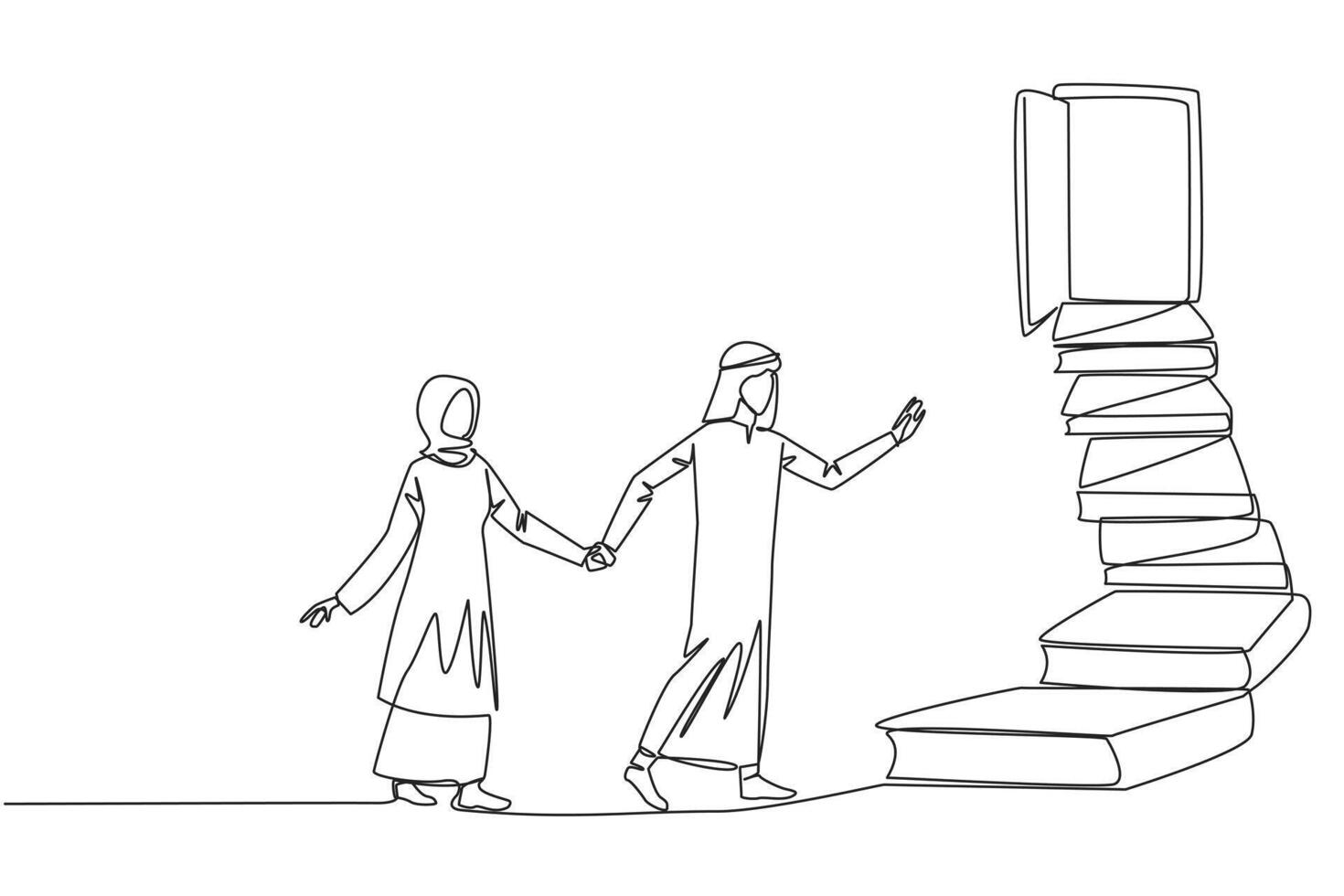 Célibataire un ligne dessin arabe homme femme montée escaliers de le livre empiler. vers le large ouvert porte. métaphore de découverte réponses de livres. livre festival. continu ligne conception graphique illustration vecteur