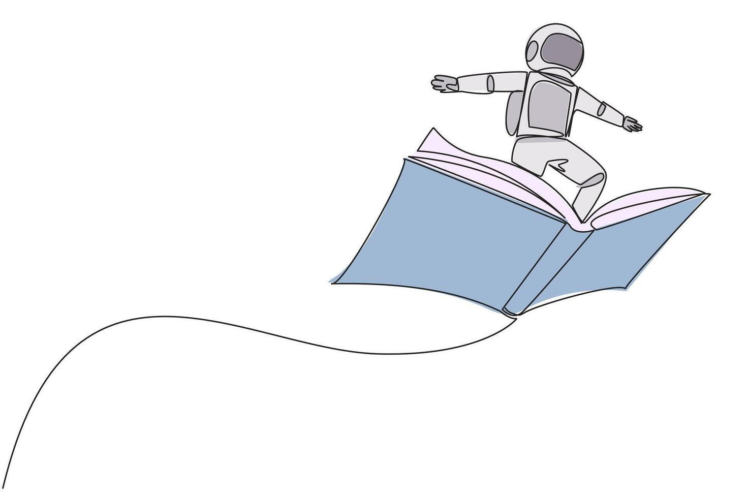 continu un ligne dessin astronaute permanent sur grand en volant ouvert livre. comme équitation une nuage, capable à mouche comme haute comme possible. en train de lire augmenter aperçu. Célibataire ligne dessiner conception illustration vecteur