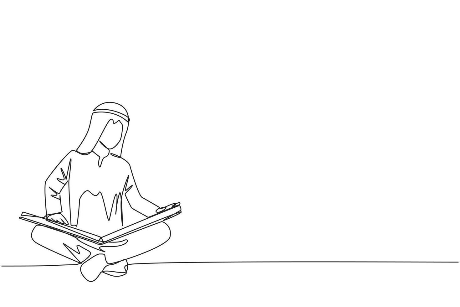 Célibataire continu ligne dessin arabe homme asseoir vers le bas et mettre en train de lire livre sur pieds. intéressant à lis le Achevée géographique carte. éliminer curiosité. livre festival. un ligne conception illustration vecteur