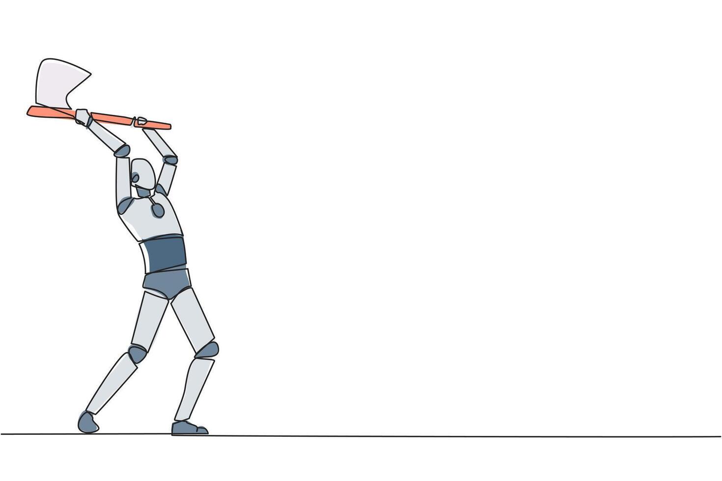Célibataire continu ligne dessin intelligent robot balançant un hache. style comme une bûcheron. fort. musclé. puissant. des sports pour physique santé. conscience. ai technologie. un ligne conception illustration vecteur