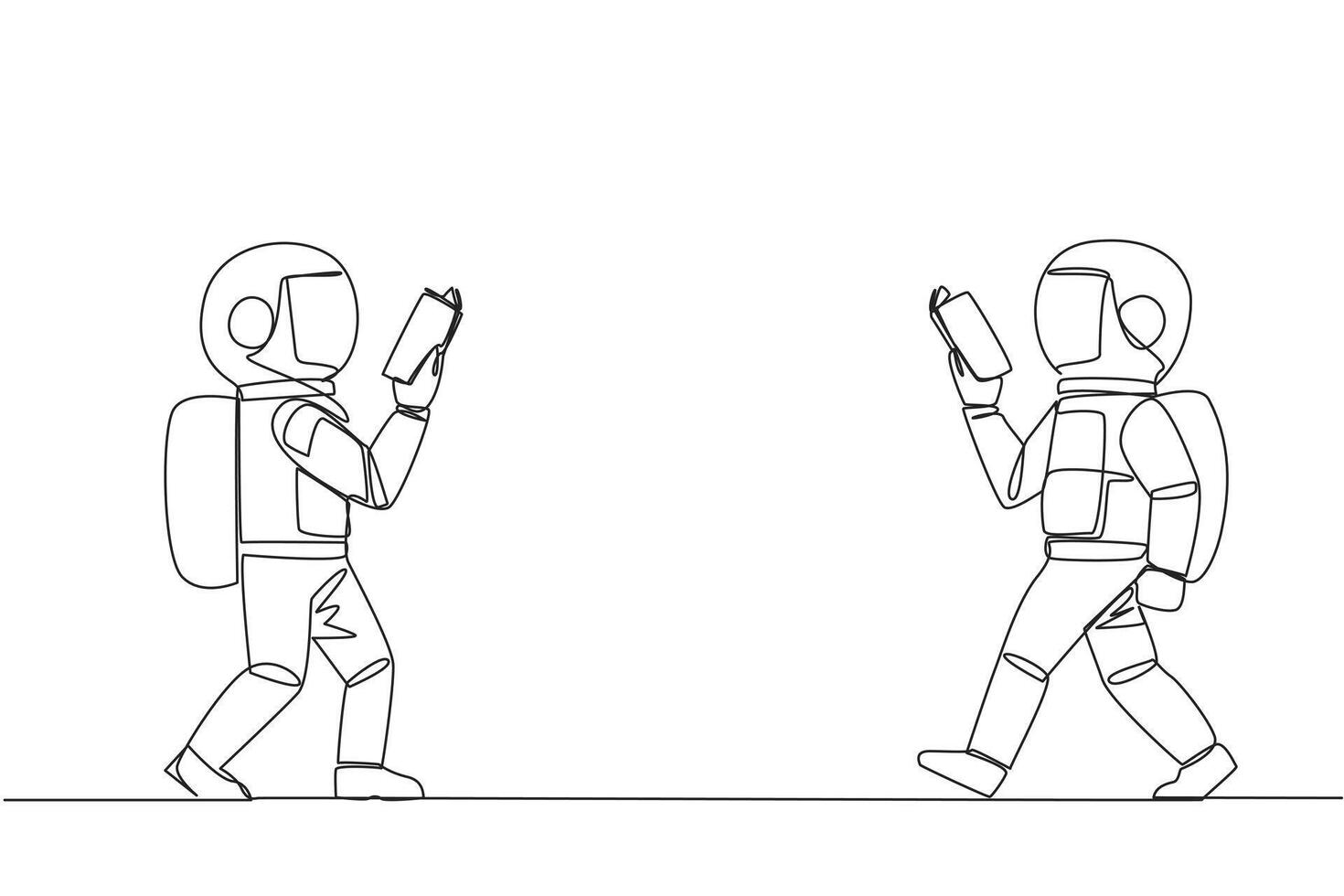 Célibataire continu ligne dessin deux astronautes en marchant visage à visage en train de lire livres. geste de mémorisation quelque chose de une livre. intoxiqué à en lisant. livre festival. un ligne conception illustration vecteur