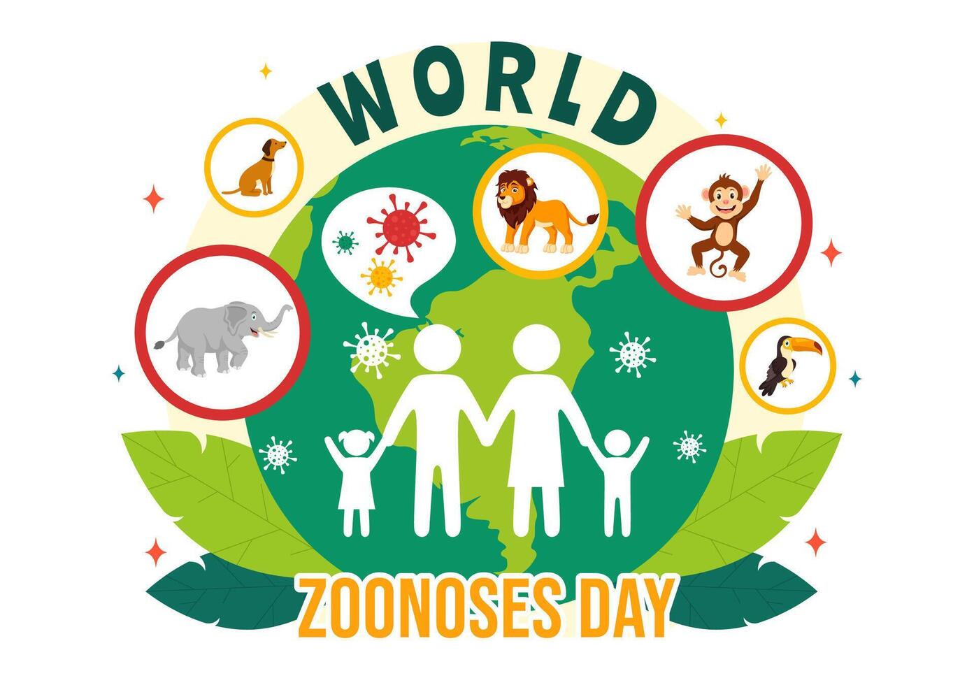 monde zoonoses journée illustration sur 6 juillet avec divers animaux et plante lequel est dans le forêt à protéger dans plat dessin animé Contexte conception vecteur