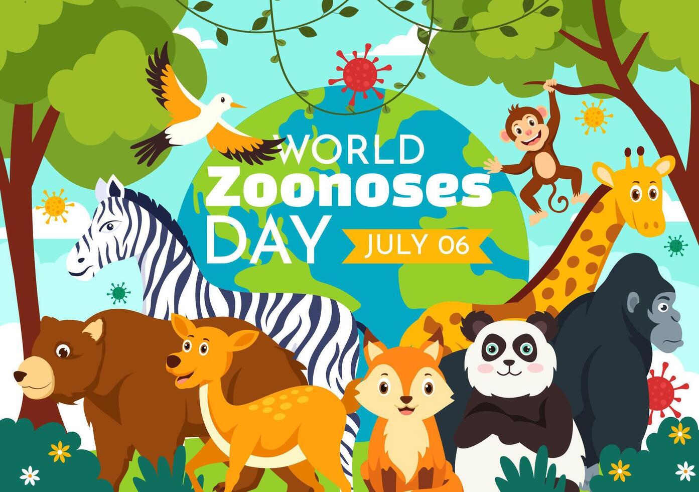 monde zoonoses journée illustration sur 6 juillet avec divers animaux et plante lequel est dans le forêt à protéger dans plat dessin animé Contexte conception vecteur