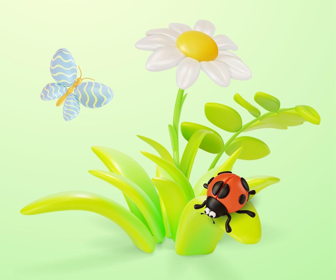 3d camomille fleur avec en volant autour coccinelle insecte et papillon dessin animé vecteur