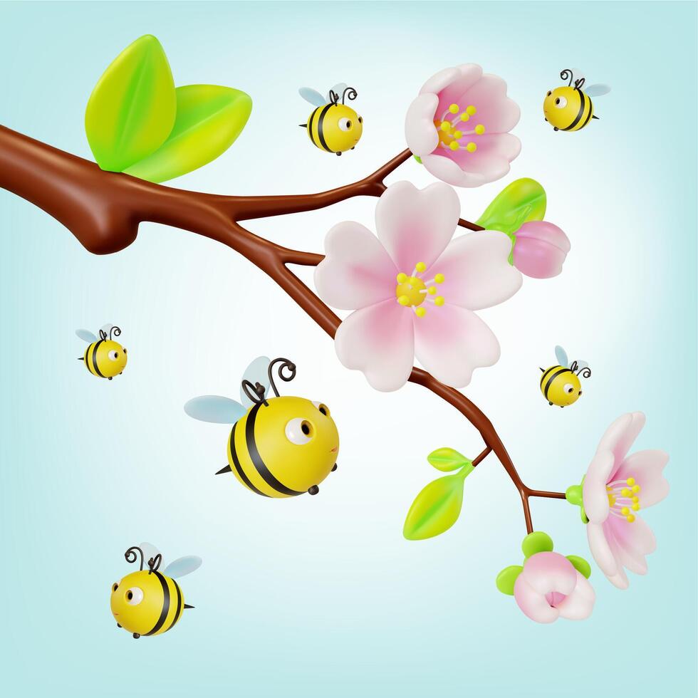 3d épanouissement Sakura branche avec en volant autour les abeilles dessin animé vecteur