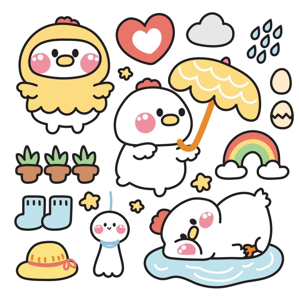 ensemble de mignonne poule dans pluvieux saison concept.ferme poulet animal personnage dessin animé conception collection.egg, coeur, nuage, pluie, chapeau main dessiné.kawaii.illustration. vecteur