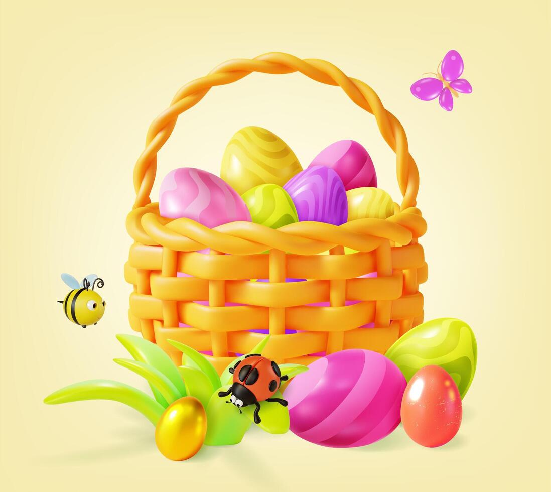 3d Pâques des œufs panier avec en volant autour les abeilles, coccinelle insecte et papillon dessin animé vecteur