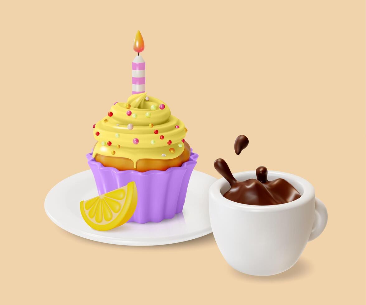 3d citron petit gâteau avec bougie et tasse café éclaboussure sucré dessert nourriture dessin animé vecteur