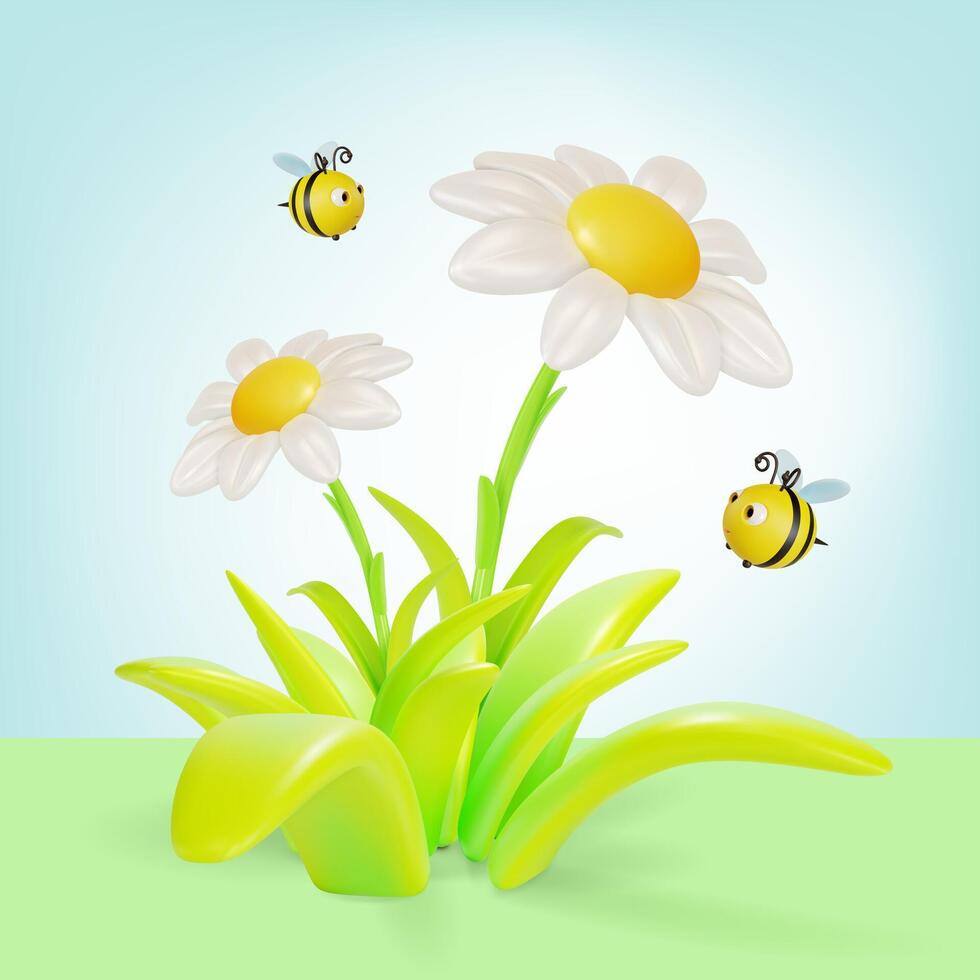 3d camomille fleur avec en volant autour les abeilles insectes dessin animé vecteur