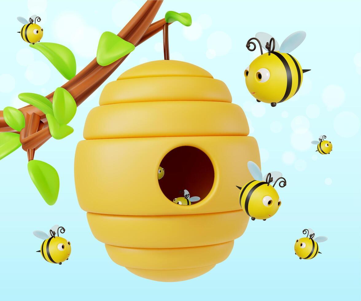 3d ruche pendaison sur une arbre branche avec en volant autour les abeilles dessin animé vecteur