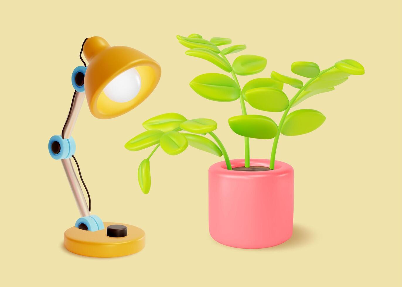 3d table lampe et Accueil plante dans pot dessin animé vecteur