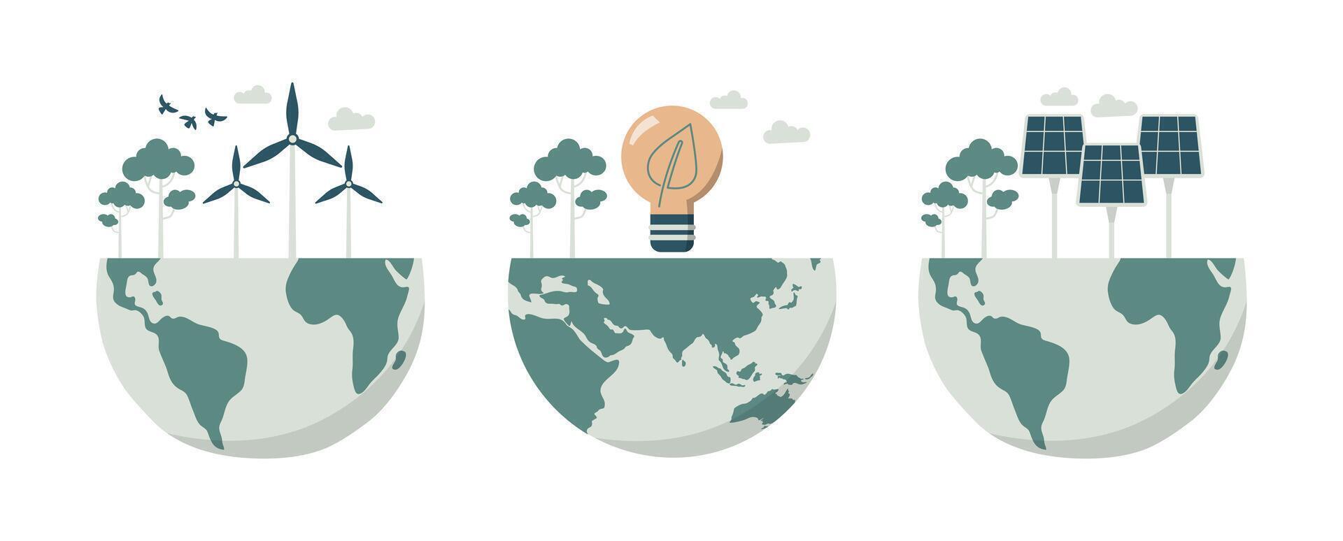 ensemble de éco amical et durable développement, écologique concept, préservation de la nature et le environnement sur Terre. vent turbines, lumière ampoules et solaire panneaux sur le globe. conception. vecteur