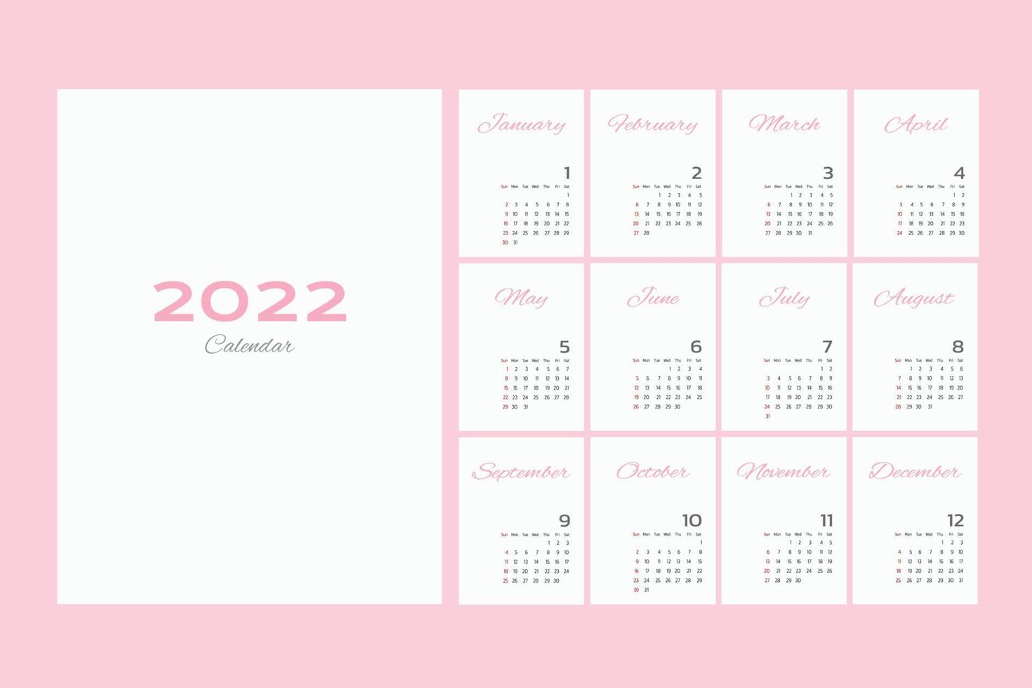 calendrier 2022 tendance. ensemble de calendrier de bureau de 12 pages. conception de planificateur de calendrier minimal pour le modèle d'impression. illustration vectorielle vecteur