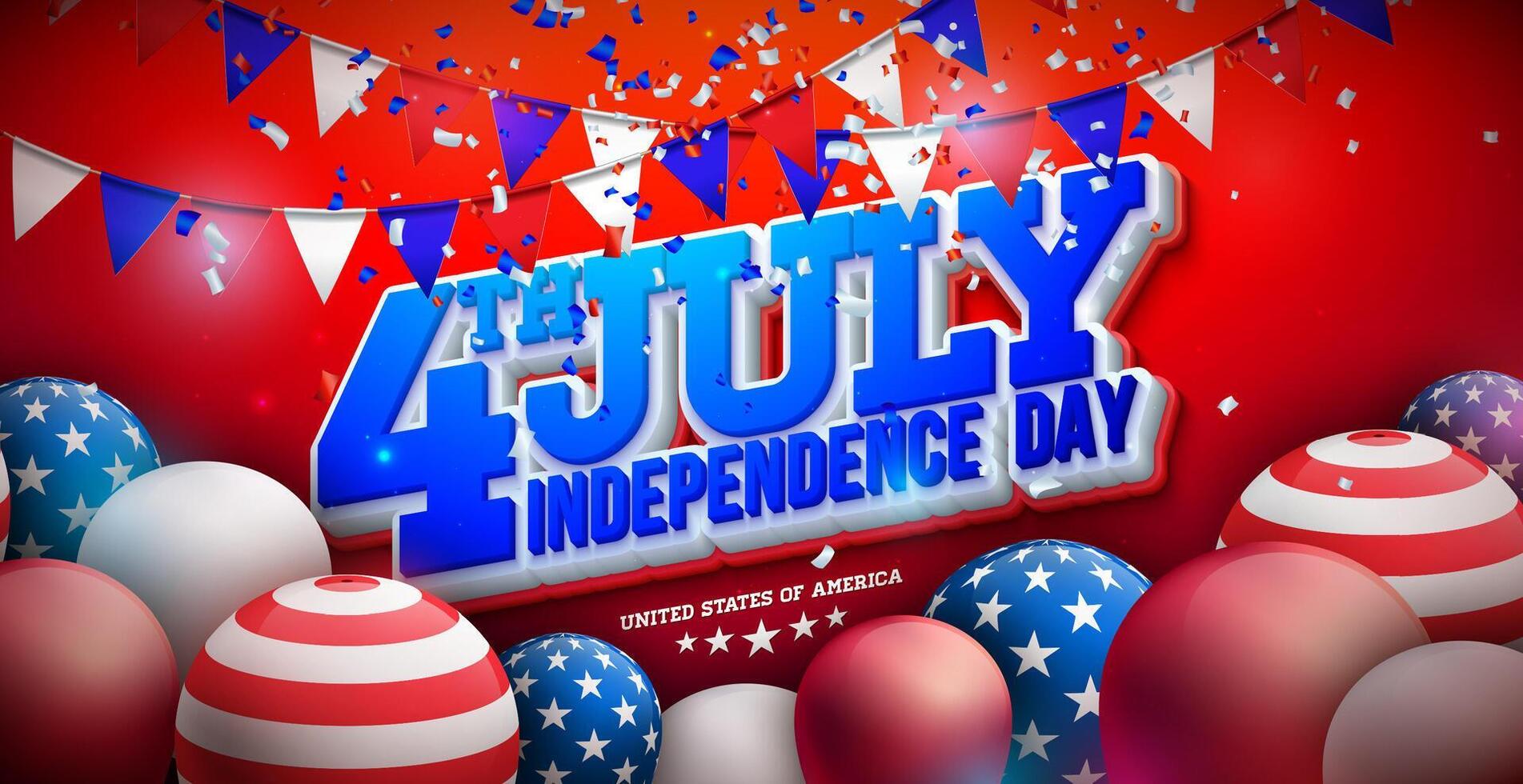 4e de juillet indépendance journée de le Etats-Unis illustration avec américain drapeau et fête ballon et 3d caractères sur rouge Contexte. Quatrième de juillet nationale fête conception pour bannière, salutation vecteur